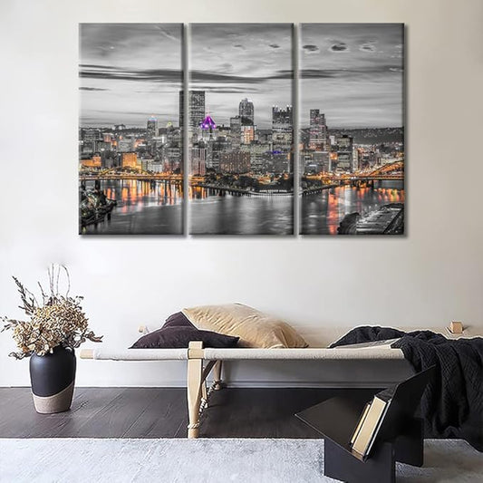 TUMOVO Pittsburgh Pennsylvania Skyscrapers Cityscape Canvas Wall Art American Nighttime Lightscape Wall Decor Living Room City Skyline Artwork Wall Decor for Bedroom Framed Ready to Hang (36" Wx24 H)