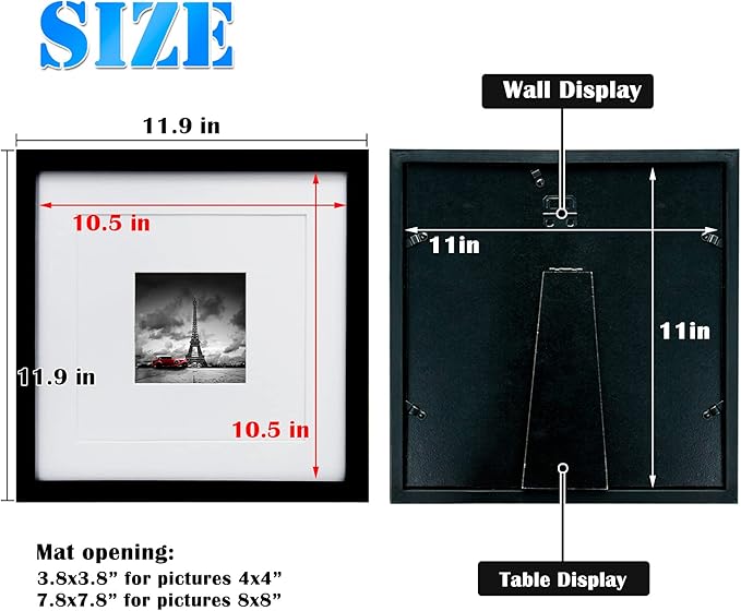 Egofine 11x11 Picture Frames 4 PCS, Made of Solid Wood Covered by Plexiglass for Pictures 4x4/8x8 with Mat for Table Top Display and Wall Mounting Square Photo Frame Black