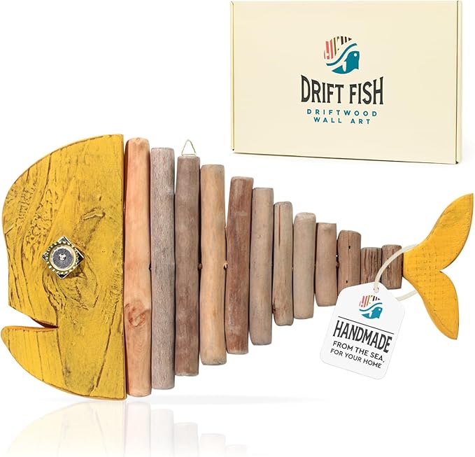 Driftwood Fish Nautical Wall Decor - Handmade Wooden Rustic Coastal Wall Art for Living Room, Bedroom, Office, Bathroom - Ocean Beach Decoration (Goldie)