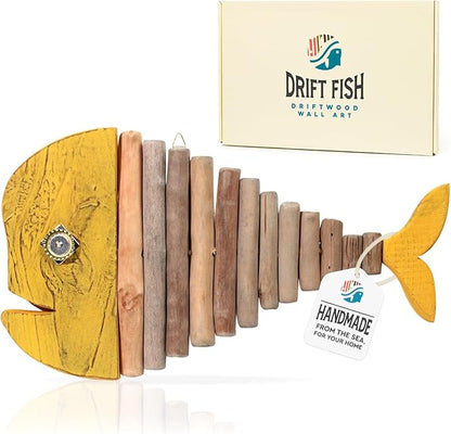 Driftwood Fish Nautical Wall Decor - Handmade Wooden Rustic Coastal Wall Art for Living Room, Bedroom, Office, Bathroom - Ocean Beach Decoration (Goldie)