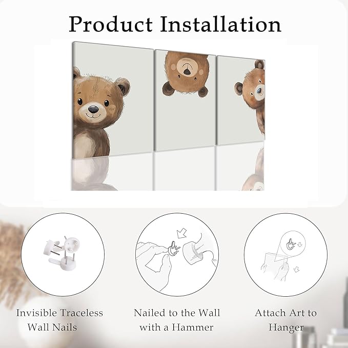 AOYUSMO 3 Piece Baby Bear Canvas Wall Art Nursery Funny Animal Wall Art Cute Bear Pictures Wall Decor Kids Baby Boy Animal Art Prints for Children's Room Bedroom 12"X16" Framed