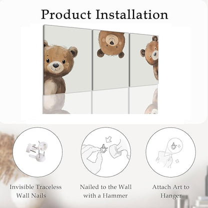 AOYUSMO 3 Piece Baby Bear Canvas Wall Art Nursery Funny Animal Wall Art Cute Bear Pictures Wall Decor Kids Baby Boy Animal Art Prints for Children's Room Bedroom 12"X16" Framed