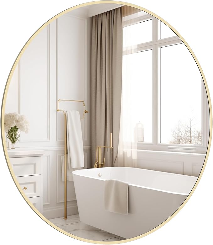 HOMECOOKIN Bathroom Round Wall Mirror, 28" Gold Modern Circle Vanity Mirror with Metal Framed, Wall Mounted Decorative Mirrors for Entryway Living Room,Hanging or Leaning, Anti-Rust, Tempered