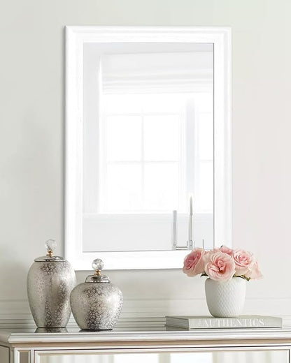 CULER White Wood Wall Mirror for Bathroom,Rectangle 20 x 30 inch Hanging Vanity Mirrors with Wooden Frame for Living Room,Bedroom,Entryway