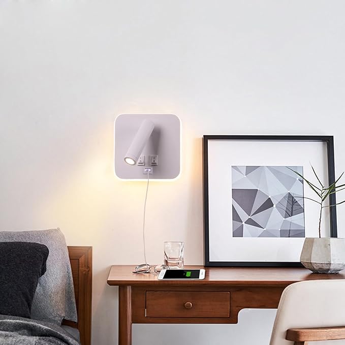 USB Charging Port Wall Wash Light White Bed LED with Interior Wall Adjustable Spotlight Reading lamp Wall lamp Bedroom Indoor Bedside Lamp 3000K (3W + 10W)
