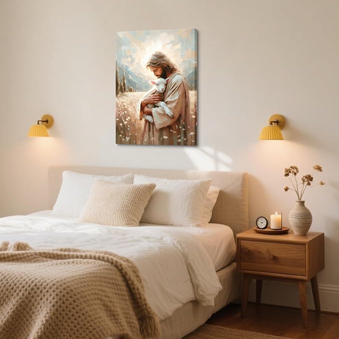 Jesus and Lamb Canvas Wall Art Christian Jesus the Good Shepherd Painting Picture Wall Decor Religion Bible Stories Poster Print Artwork for Church LDS Bedroom Living Room Home Decor 16x24in Canvas