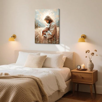 Jesus and Lamb Canvas Wall Art Christian Jesus the Good Shepherd Painting picture Wall Decor religion Bible Stories Poster print Artwork for Church LDS bedroom Living Home Decor 8x10in Canvas
