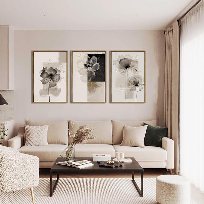 IARTTOP Framed Black Neutral Large Wall Art 16x24 Inch White Beige Abstract Floral Canvas Wall Decor Modern Minimalist Flower Paintings for Living Room Bedroom Dining room Set of 3