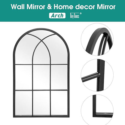 42"x 24" Arched Mirror, Window Wall Mirror, Windowpane Vanity Mirror, Metal Framed, Arched-Top Farmhouse Mirror, Rustic Decorative Mirrors - Black