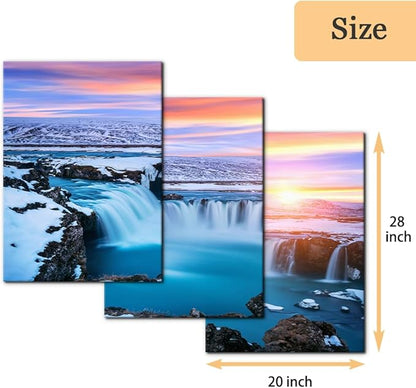 Pacimo 3 Pieces Canvas Wall Art Tropical Waterfall Pastel Sunset Horizon Pictures Prints Nature Landscape Modern Artwork for Walls Painting Home Office Wall Decor Framed Ready to Hang - 20"x28"x3