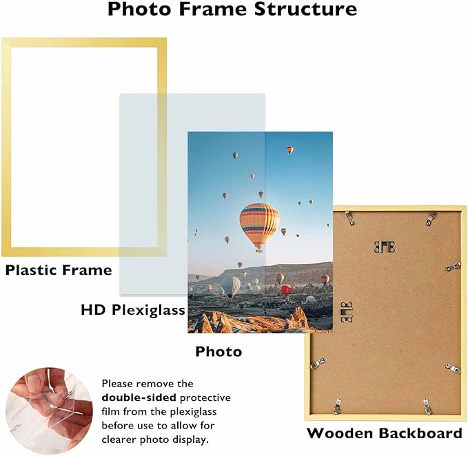 JCJMY 11x16 Gold Picture Frame Set of 6, Horizontal and Vertical Formats for Wall Hanging, 11 x 16 Wall Gallery Poster Photo Frames with Shatter Resistant Plexiglass, 6 Pack, Gold
