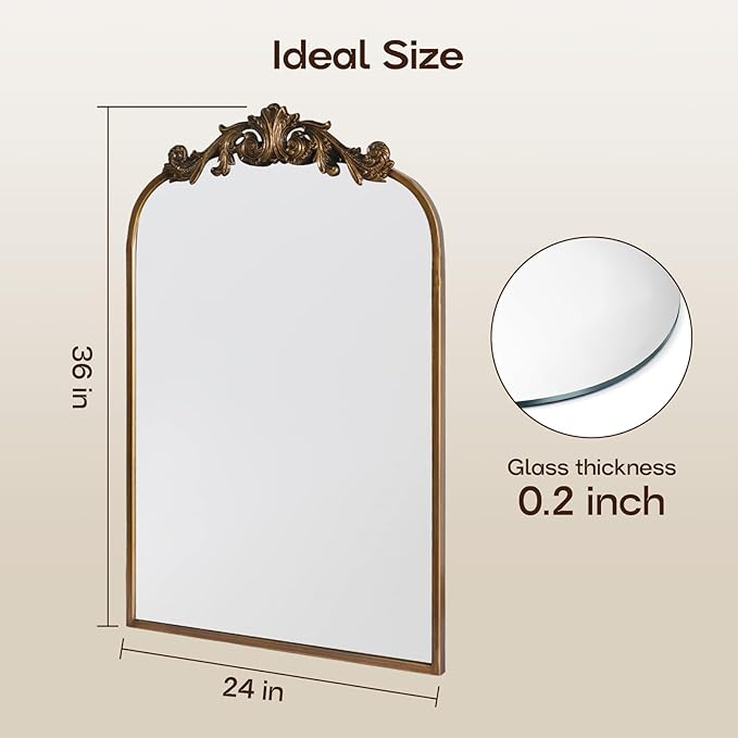 USHOWER Gold Anthropologie Vintage Mirrors for Wall, 24" x 36" Antique Baroque Style with Ornate Frame, Arched Brass Decoration for Fireplace, Bathroom, Living Room, Entryway Remodel