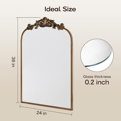 USHOWER Gold Anthropologie Vintage Mirrors for Wall, 24" x 36" Antique Baroque Style with Ornate Frame, Arched Brass Decoration for Fireplace, Bathroom, Living Room, Entryway Remodel