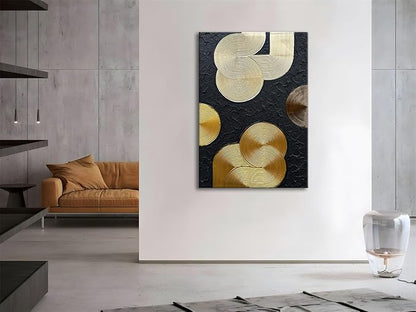 Slyart Black and Gold Texture Wall Art, Handmade 3D Arch Painting, 28"x40" Large Abstract Canvas Wall Art