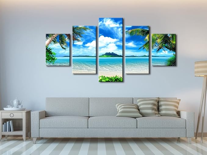 Pyradecor 5 Piece Canvas Prints Wall Art for Living Room Kitchen Home Decorations Large Modern Gallery Wrapped Pretty Landscape Blue Ocean Beach Pictures Paintings Artwork Ready to Hang L