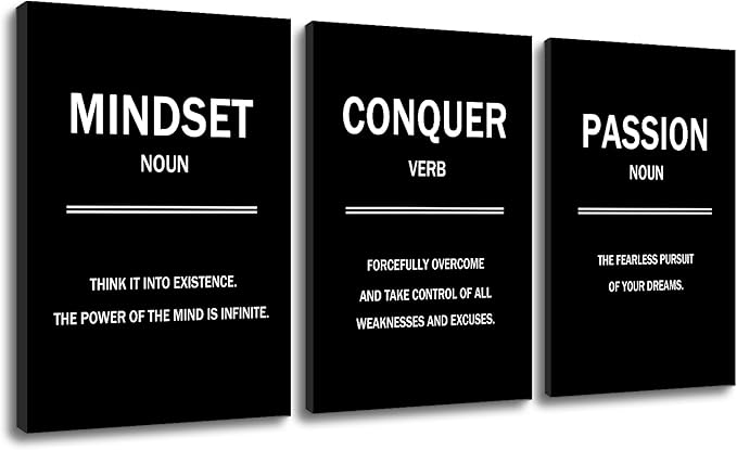 3 Pieces Motivational Canvas Wall Art Mindset Conquer Passion Picture Painting Entrepreneur quotes Posters Print Artwork for Office Classroom Wall Decoration Stretched and Framed [48''W x 24''H]