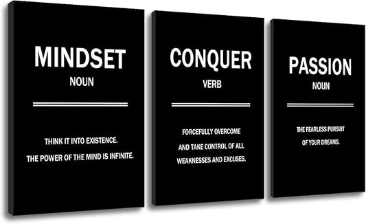 3 Pieces Motivational Canvas Wall Art Mindset Conquer Passion Picture Painting Entrepreneur quotes Posters Print Artwork for Office Classroom Wall Decoration Stretched and Framed [48''W x 24''H]