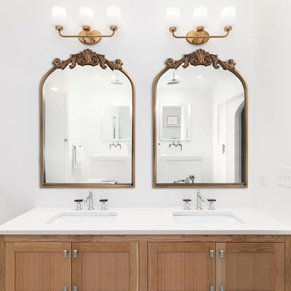 HQiJun Wall Mirror Window Decorative Traditional Vintage Ornate Baroque Mirrors Antique Arched Farmhouse for Living Room Bedroom Entryway Bathroom Vanity (27 * 19 * 1.2, Gold)