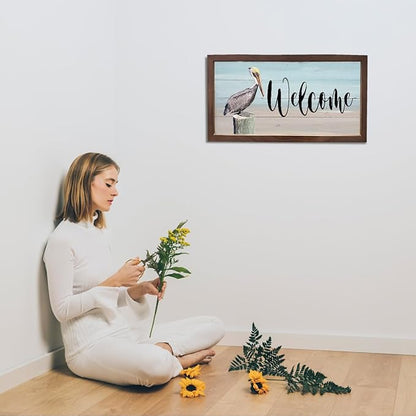 Pelican Welcome Sign, Framed Wood Signs, Welcome Sign for Farmhouse Porch Wall, Front Door Decors for Home, Rustic Hanging Decor, Wooden Framed Wall Decor 15×7.5×0.3 inches