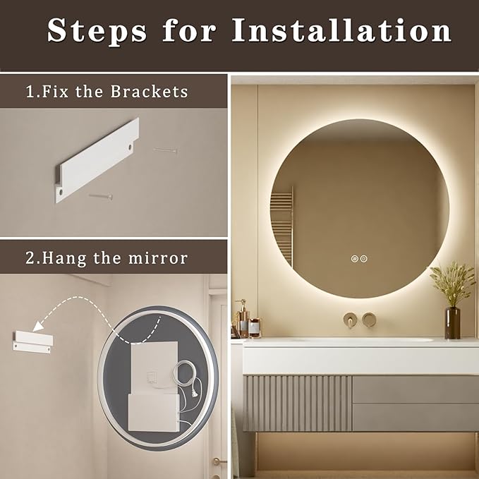 SMIROR Round Led Lighted Bathroom Mirror for Wall 36", Backlit Circle Vanity Mirror with Lights, Anti-Fog, 3 Colors, Dimmable, Memory, Shatterproof