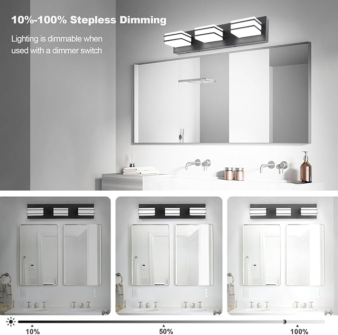 GOODATE 3 Color Temperature Dimmable Bathroom Light Fixtures Over Mirror, LED Black 3 Light Vanity Lighting Fixtures, Acrylic Stainless Steel Square Shade Vanity Lights for Bathroom, ETL Certificated
