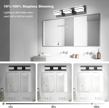 GOODATE 3 Color Temperature Dimmable Bathroom Light Fixtures Over Mirror, LED Black 3 Light Vanity Lighting Fixtures, Acrylic Stainless Steel Square Shade Vanity Lights for Bathroom, ETL Certificated