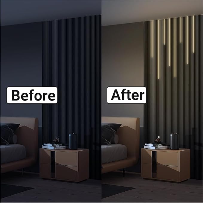 HAMRVL Black LED Recessed Lighting Kit - 8 PCS 3000K Warm White LED Strip Lights with Touch Control, Dimmable Self-Adhesive Wall Panel Lights for Wood Slat Wall Panels, Under Cabinet (Black Cover)