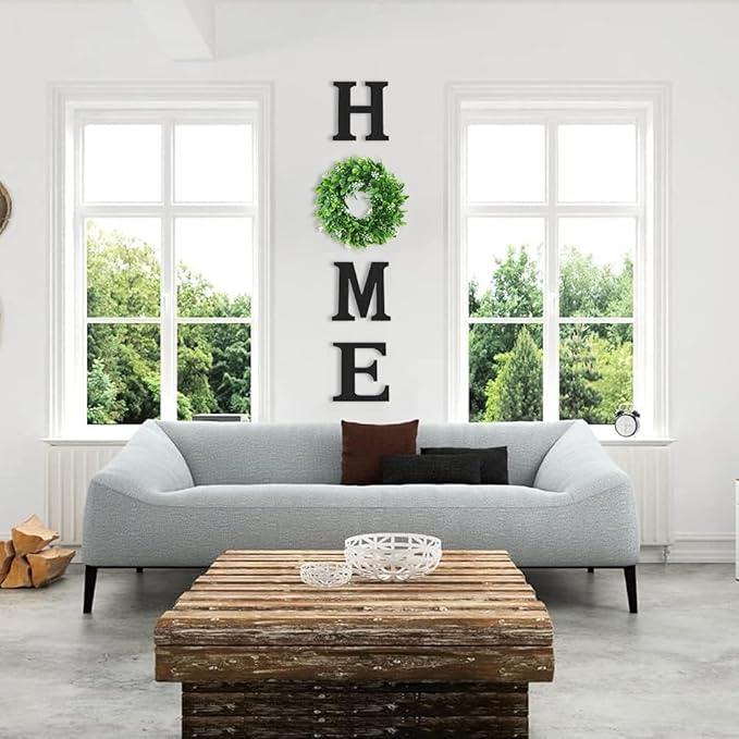 Pinkpum Wooden Home Sign with Artificial Green Wreath for O, Hanging Farmhouse Wall House Decor Wood Letters for Wall Art Rustic Home Decor, Wall Decor for Living Room Kitchen Entryway (Black)