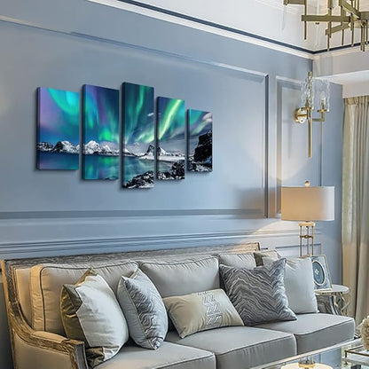 Large Canvas Wall Art Set - Blue Aurora Scenery Paintings for Living Room, Bedroom & Office - Modern Canvas Art Prints Ready to Hang - 5 Piece Set