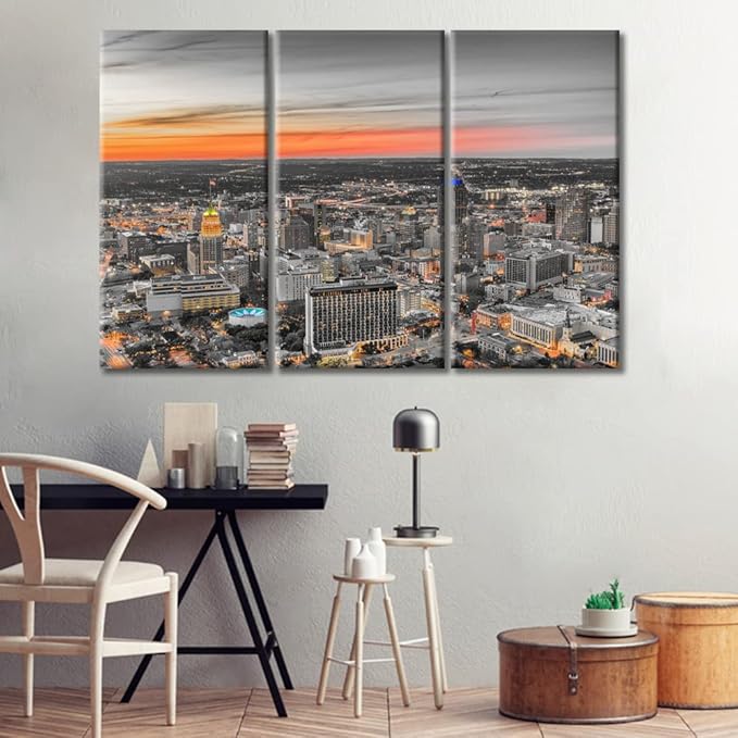 TUMOVO American Cityscape Home Decor Posters and Prints San Antonio Nighttime Lightscape Wall Art for Living Room 3 Pieces Skyscrapers Artwork Kitchen Wall Decor Framed Ready to Hang (42" Wx28 H)