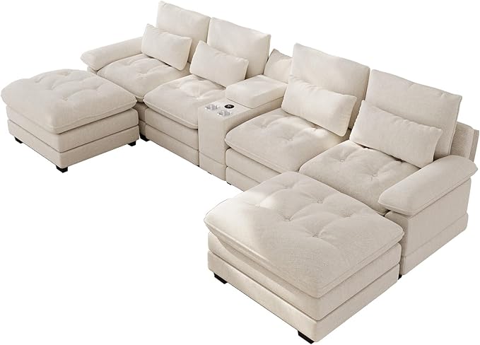 134"U Shaped Sectional Couches for Living Room, Oversized Modular Sectional Fluffy Couch with 2 Ottoman & Storage Console,Modern 6 Seat Living Room Sofa with Glitter Fabric,Tufted Buttons, Beige