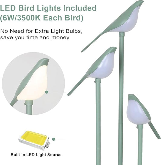 Bird Floor Lamp for Bedroom, Green Standing Lamps for Living Room, Corner Tall Lamp with Table, 3-Lights Vintage Floor Lamp, Modern Stand Up Lamp for Office, Girls Room, Unique Bird Lamps