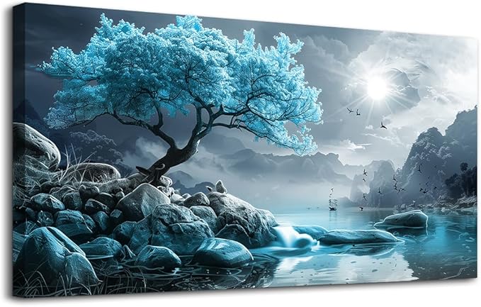 KELIYUAN Large Wall Art For Living Room Canvas Wall Decor Bedroom Blue Tree Landscape Wall Paintings Black And White Pictures Office Mural Framed Prints Artwork Modern Home Decorations 30x60in