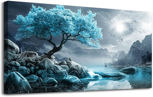 KELIYUAN Large Wall Art For Living Room Canvas Wall Decor Bedroom Blue Tree Landscape Wall Paintings Black And White Pictures Office Mural Framed Prints Artwork Modern Home Decorations 30x60in