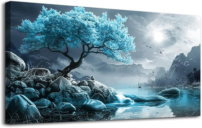 KELIYUAN Canvas Wall Art For Living Room Large Wall Decor For Bedroom Blue Tree Landscape Painting Black And White Wall Pictures Artwork Office Works Frame Canvas Art Modern Home Decoration 24x48in