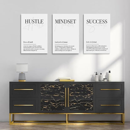 GUBIYU Hustle Mindset Success Wall Art Set of 3 Framed Canvas Black and White Motiviational Wall Art Home Office Wall Decor Inspirational Positive Quotes Posters Success Entrepreneur Gifts 20"x28"