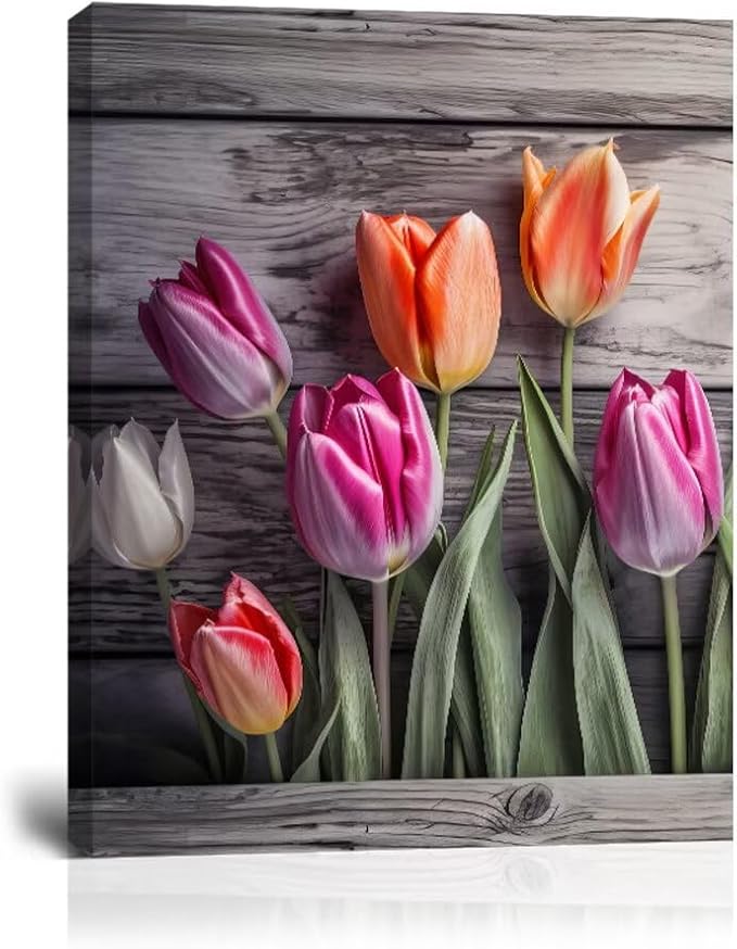 Wall HDQ Tulip Canvas Wall Art, Flower Gray Wall Decor for Bedroom Living Room Bathroom Decorations Orange Purple Floral Picture Colorful Modern Artwork Print Painting Wooden Frame - 28 x 44 Inch
