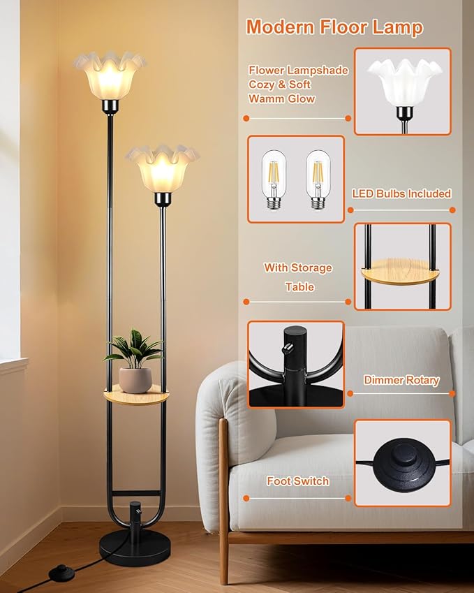 Dimmable Flower Floor Lamps with Table, 2-Lights Floral Floor Lamp, 3000K Warmwhite Modern Floor Lamp, Vintage Black Standing Lamp with 5Lbs Heavy Base for Living Room Bedroom