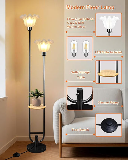 Dimmable Flower Floor Lamps with Table, 2-Lights Floral Floor Lamp, 3000K Warmwhite Modern Floor Lamp, Vintage Black Standing Lamp with 5Lbs Heavy Base for Living Room Bedroom