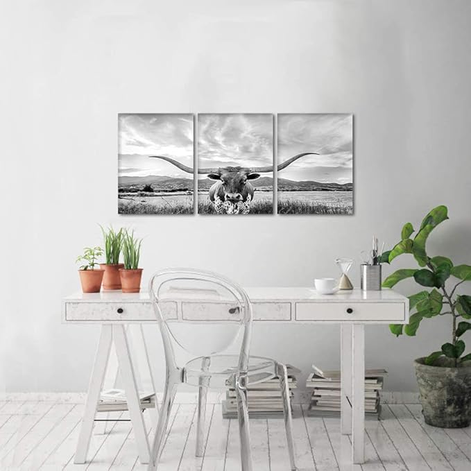 3 Panels Highland Cow Wall Art Modern Black and White Pictures Longhorn Wall Decor Artwork Animal Cow Posters Canvas Prints Painting Living Room Bedroom Home Office Decoration, Framed 12" Wx16 Hx3pcs