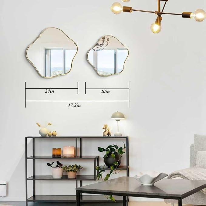 Asymmetrical Wall Mirror, 24" Irregular Shaped Mirror with Gold Frame, Wavy Round Mirrors Decorative, Modern Scalloped Mirrors for Living Room Bathroom Bedroom Hallway Entryway Fireplace