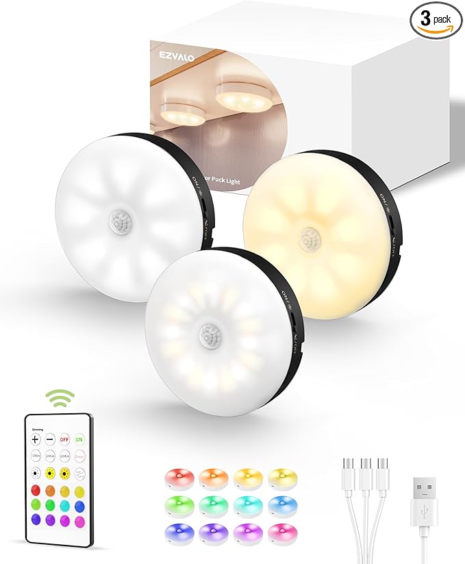 EZVALO Under Cabinet Lighting, 1000mAh Rechargeable Puck Lights with Remote, 3 Color Temps & 12 RGB Motion Sensor Closet Lights, Dimmable Under Cabinet Lights for Kitchen, Cabinets, Closet (3 Packs)