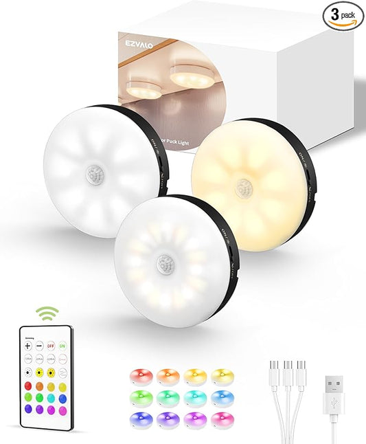 EZVALO Under Cabinet Lighting, 1000mAh Rechargeable Puck Lights with Remote, 3 Color Temps & 12 RGB Motion Sensor Closet Lights, Dimmable Under Cabinet Lights for Kitchen, Cabinets, Closet (3 Packs)
