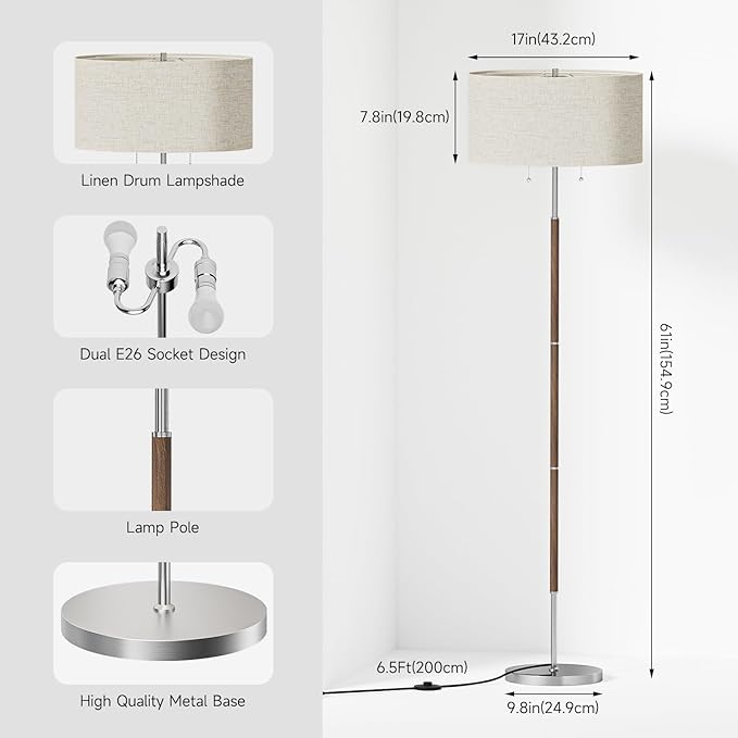 Karjoefar 2-Light Floor Lamp, Mid Century Floor Lamp with Beige Lampshade, Standing Lamp Tall Lamp for Living Room Bedroom, 3 Color Temperatures 9W Bulb Include