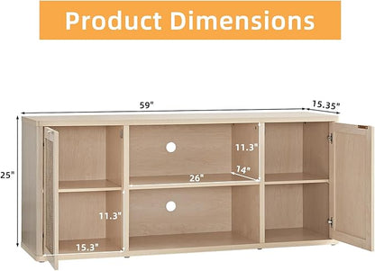 LEYAOYAO Rattan TV Stands for Living Room, Boho TV Cabinet with Storage and Open Shelf, Rustic Wood Entertainment Center, Media Console for 50-65 Inch TV, Light Wood