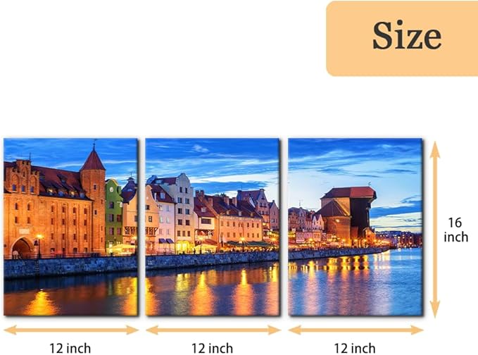 Pacimo 3 Pieces Framed Wall Art Decorations Wisla River Landscape Painting Print on Canvas Gdansk Poland Cityscape Wall Art for Home Office Decor Modern Artwork Stretch Ready to Hang - 12"x16"x3