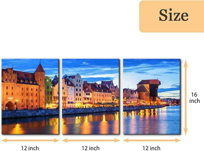 Pacimo 3 Pieces Framed Wall Art Decorations Wisla River Landscape Painting Print on Canvas Gdansk Poland Cityscape Wall Art for Home Office Decor Modern Artwork Stretch Ready to Hang - 12"x16"x3