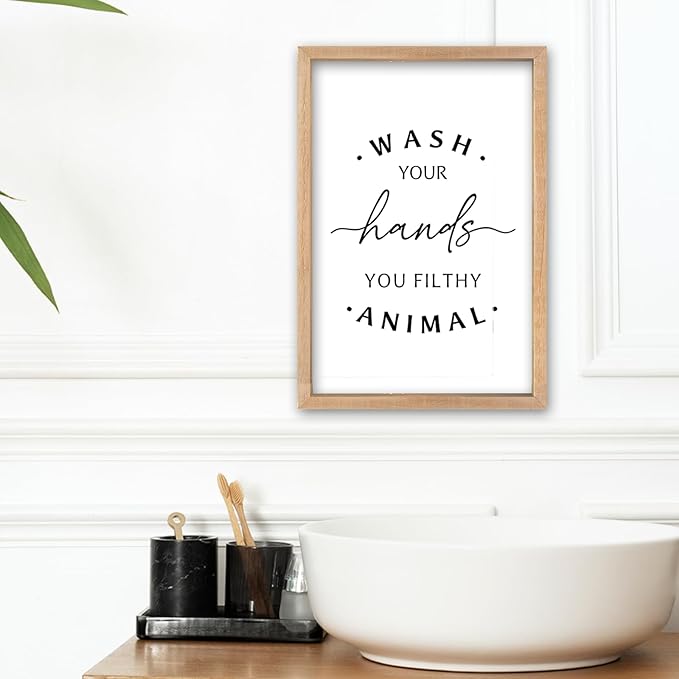 Wash Your Hands Ya Filthy Animal Sign 16"×11" Bathroom Restroom Toilet Laundry Room Humorous Wall Art Decor Funny Quote Washroom for Wood Framed Wall Hanging (Wood)