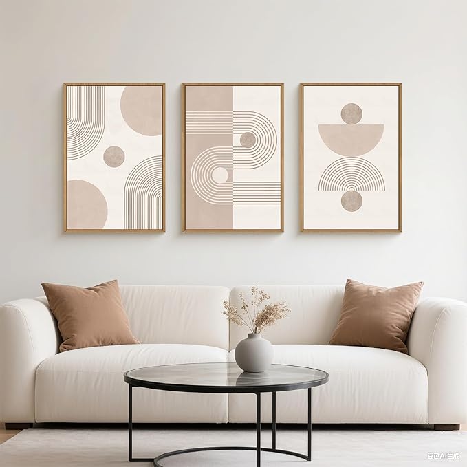HPINUB Boho Abstract Framed Canvas Wall Art Set, Beige Mid Century Wall Decor, Neutral Geometric Minimalist Line Artwork for Living Room, Bedroom, Dining Room, Office, Bathroom - 24"x36"x3