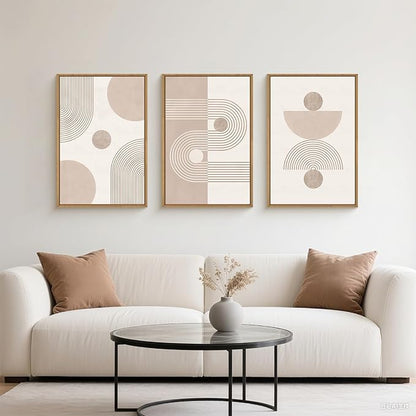HPINUB Boho Abstract Framed Canvas Wall Art Set, Beige Mid Century Wall Decor, Neutral Geometric Minimalist Line Artwork for Living Room, Bedroom, Dining Room, Office, Bathroom - 16"x24"x3